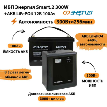 ИБП для котла Энергия Smart 2 300Вт + LiFePO4 Аккумулятор 12v 100Ah (300Вт - 256мин) - ИБП и АКБ - ИБП Энергия - ИБП для котлов отопления - . Магазин оборудования для автономного и резервного электропитания Ekosolar.ru в Калуге