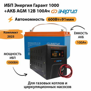 ИБП для котла Энергия Гарант 1000 + Аккумулятор 100 Ач 12 В (600Вт - 91мин) - ИБП и АКБ - ИБП для котлов - . Магазин оборудования для автономного и резервного электропитания Ekosolar.ru в Калуге