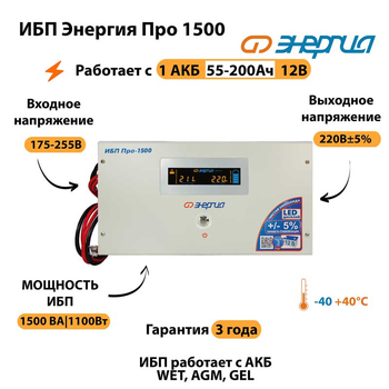 Энергия ИБП Про 1500 12В - ИБП и АКБ - ИБП для котлов - . Магазин оборудования для автономного и резервного электропитания Ekosolar.ru в Калуге