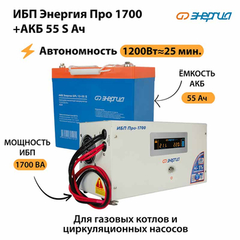ИБП Энергия Про 1700 + Аккумулятор S 55 Ач - 12В (1200Вт - 25мин) - ИБП и АКБ - ИБП для котлов - . Магазин оборудования для автономного и резервного электропитания Ekosolar.ru в Калуге