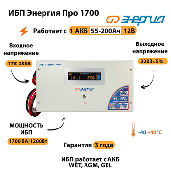 Энергия ИБП Про 1700 12В - ИБП и АКБ - ИБП для котлов - . Магазин оборудования для автономного и резервного электропитания Ekosolar.ru в Калуге