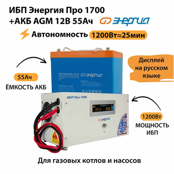 ИБП для котла Энергия Про 1700 + Аккумулятор 55 Ач 12 В (1200Вт - 25мин) - ИБП и АКБ - ИБП для котлов - . Магазин оборудования для автономного и резервного электропитания Ekosolar.ru в Калуге