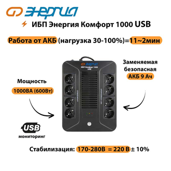 ИБП Комфорт 1000 USB Энергия - ИБП и АКБ - ИБП для компьютера - . Магазин оборудования для автономного и резервного электропитания Ekosolar.ru в Калуге