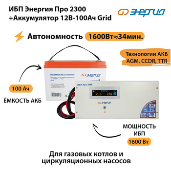 ИБП для котла Энергия Про 2300 + Аккумулятор Grid 100 Ah 12 v (1600Вт - 34мин) - ИБП и АКБ - ИБП для котлов - . Магазин оборудования для автономного и резервного электропитания Ekosolar.ru в Калуге